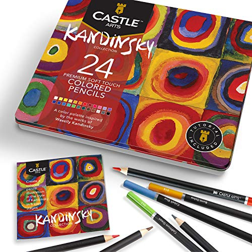 Castle Arts Buntstifte-Set mit 24 Buntstiften, in Blechbox, Kandinsky-inspirierte Farben mit hochwertigen, glatten farbigen Kernen, hervorragender Misch- und Schichtleistung für tolle Ergebnisse
