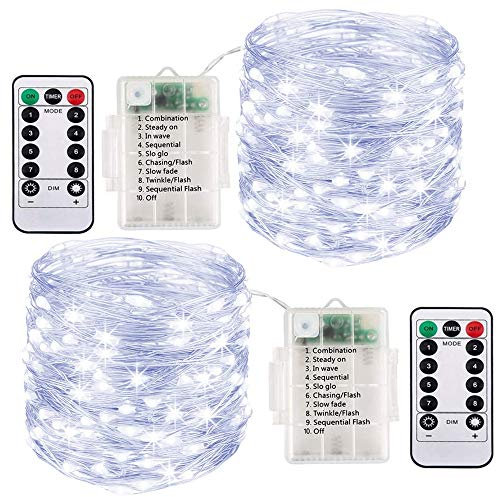 ooklee® 2 Pack Battery Fairy Lights, 10M 100 LED Battery Operated String Lights Waterproof Outdoor/Indoor, 8 Modes with Remote Timer, Twinkle Lighting for Gazebo Party Garland Xmas Decor (Cool White)