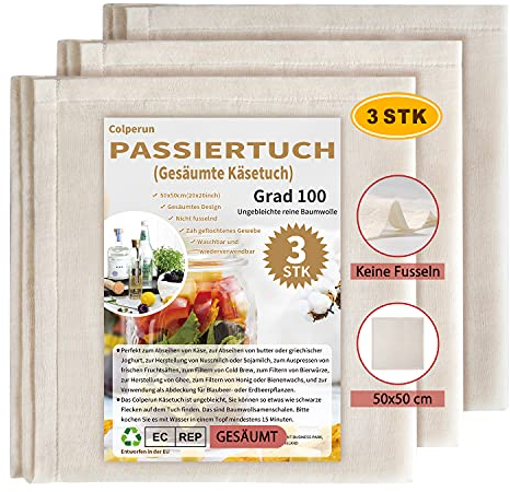 Colperun Passiertuch, Grad 100, 50x50cm, hochwertige und wiederverwendbar Käsetücher zum Abseihen, ungebleichtes Käsetuch aus Baumwolle zum Abseihen von Flüssigkeiten, Backen, Käse machen - 3Stk