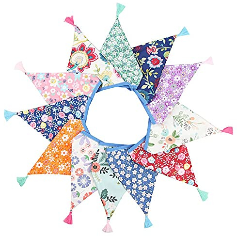 G2PLUS Fabric Bunting Banner with Tassel, 3.3M Double Sided Cotton Tassel Banner with 12 Vintage Triangle Pennants, Vintage Cloth Garlands for Nursery Bedroom Playhouse Decoration