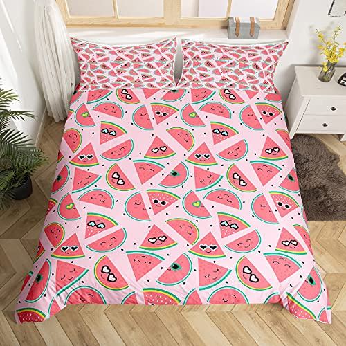 Homemissing Cute Watermelon Duvet Cover Cartoon Watermelons Bedding Set Funny Red Watermelon Slice Design Comforter Cover for Boys Girls Kids Pink Tropical Fruit Bedding & Linen King Size