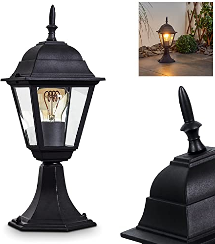 Außenwegeleuchte Naofe, Außenlampe in antikem Look aus Metall/Glas in Schwarz/Klar, Retro/Vintage Gartenlampe 40 cm, Wegeleuchte m. Klarglas-Scheiben für Terrasse/Hof m. E27-Fassung, ohne Leuchtmittel