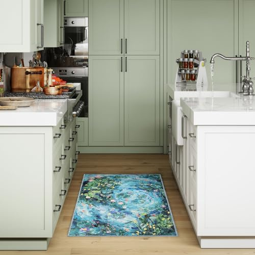 Liora Manne Impressions Indoor Printed Polyester Low Profile Mat - Contemporary Coastal Ocean Colorful (Peace Pond Ocean) (1'11 x 2'11)