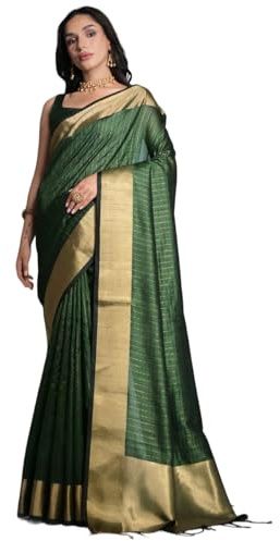 Laavaan Sari de seda de algodón a cuadros para mujer con blusa sin costuras, Verde hippie, talla única