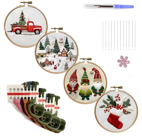 4 Sets Christmas Embroidery Kits,Cross Stitch Kits for Adults Beginners,DIY Handmade Christmas Craft Kits for Adults with Hoop Cloth Needles Threads,Xmas Gift