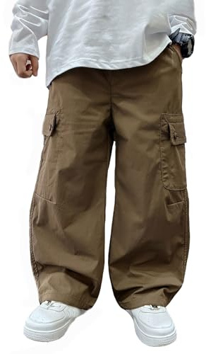 Generico Pantaloni Neri Ragazzo 16 Anni Pantaloni Cargo Casual Estivi per Bambini, Tinta Unita, Larghi, per Sport e Abbigliamento Sportivo Pantalone Bambina 12 Anni (Coffee, 9-10 Years)