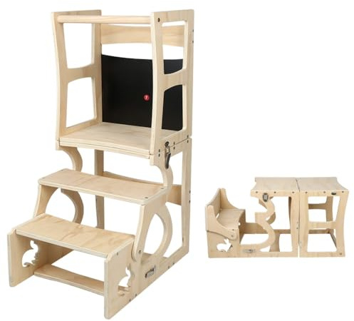 OHMG 3-en-1 Tour d'apprentissage Montessori pour Enfants,avec Planche,Tabouret en Bois Pliable,Marchepied Enfant 3 Marches,Tour d’Observation Sécurisée,Escabeau Montessori dès 1 an