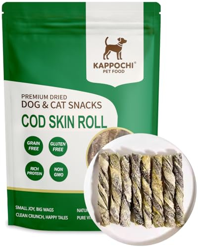 KAPPOCHI Freeze Dried Cod Skin Roll Dog Treats, Cat Treats, Rich in Omega-3, 3.5 Ounce (100.0g), Single Ingredient, High Protein Chew Snacks, Natural & Raw, No Additives, Grain Free, Gluten Free