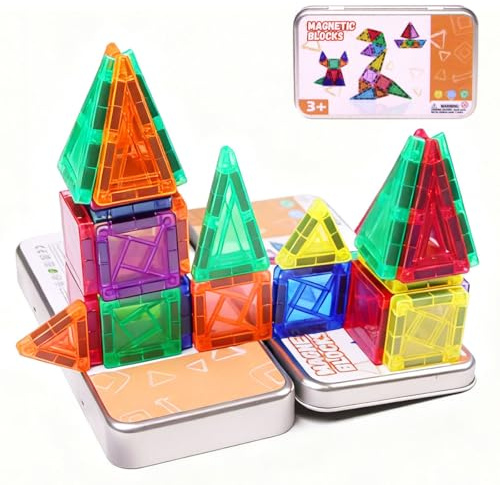 Cabeeskii Construcciones Magnéticas para Niños 48 Piezas, Juegos Magnéticos de Viaje para 3 4 5 Años - Juguetes Educativos Stem con Caja Metálica para Niñas y Niños