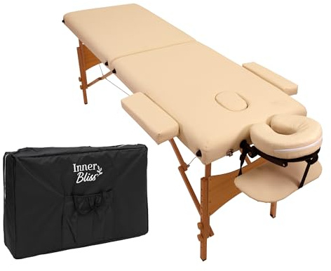 Inner Bliss Portable Massage Table 2 Section Folding Therapy Couch with Wooden Frame and Face Cradle | Lightweight Spa Bed for Beauty Salon Tattoo Physio Treatments | 60cm Wide | Ivory