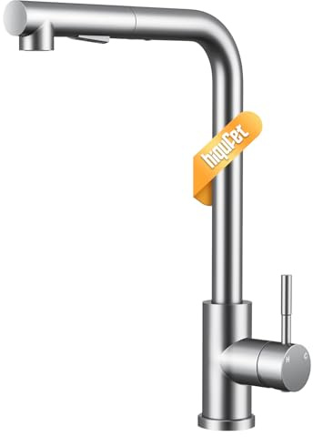 Hiqufet Grifo de Cocina con Arco Alto y Brazo Extraíble, 2 Modos de Pulverización Giratorio 360°, Níquel Cepillado
