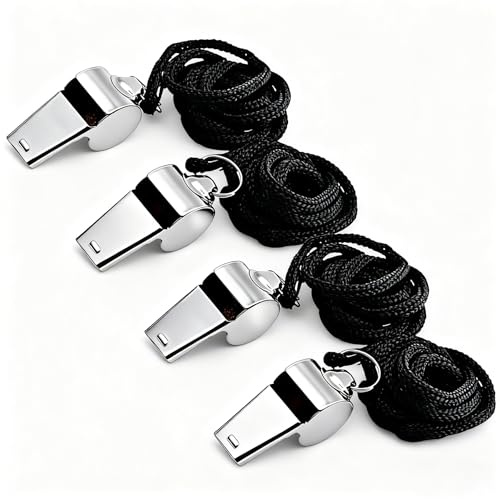 Yoezuo Sifflets, 4Pcs Sifflets de Sport en Acier Inoxydable, Sifflet Sport avec Cordon pour Sports, Basketball, Football, Sauveteur, Randonnée idéal pour Les Entraîneurs, Les Arbitres
