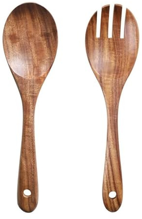kkrrammii 2-pack salladsbestick set 25 cm akacia trä salladssked och gaffel långt handtag trätänger för blandning kastning och matlagning