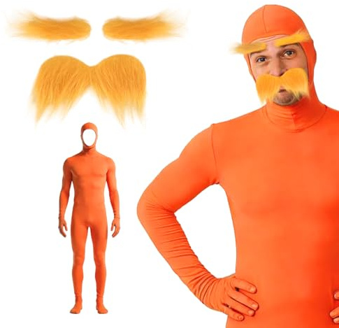 MOSTFUN Genérico Disfraz de Cuerpo Completo con Barba y Cejas Naranjas, Disfraz de Cosplay, Traje de Cuerpo Completo para Adultos Unisex, Lorax Disfrazpara para Fiesta, Halloween, Navidad, Carnaval