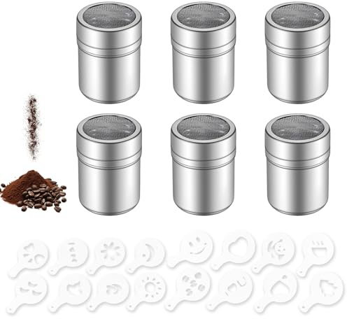 Bqkroa 6 pezzi spargicacao in acciaio inox con motivo caffè, spargicacao in acciaio inox, tappo a vite per cappuccino, macina zucchero a velo, coperchio per cucina, cottura caffè