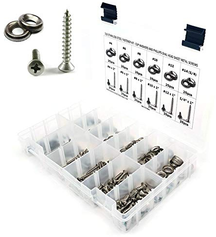 Phillips Oval Head Sheet Metal Screw Kit with Countersunk Finishing Cup Washers - 316 Stainless Steel - 301 Pieces