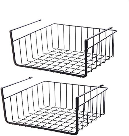 2Pcs Under Shelf Storage Basket, Under Cabinet Storage Wire Basket Organizer Fit Dual Hooks for Kitchen Pantry Desk Bookshelf Cupboard (Black)
