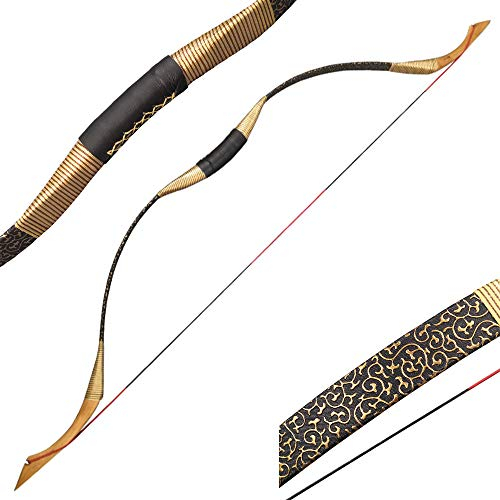 ZSHJGJR Traditioneller Langbogen Handgefertigt Recurvebogen Jagd Bogen 25-50lbs Bogenschießen Reiterbogen Sportbogen Erwachsene Holzbogen zum Jagen und Schießen (Schwarz + Gold, 25lbs)