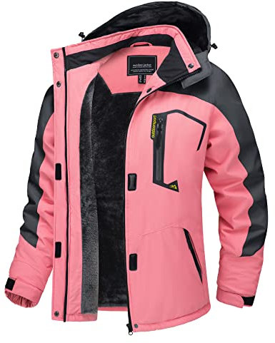 TACVASEN Damen Funktionsjacke Wandern Winterjacke Winddicht Wasserdicht Regenjacke Warm Fleece Snowboardjacke Wetterjacke, Rosa-grau, XL