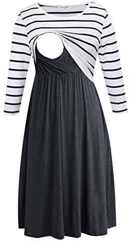 Smallshow Nursing Dresses 3/4 Sleeve Maternity Breastfeeding Dress for Women White Stripe-Deep Grey M