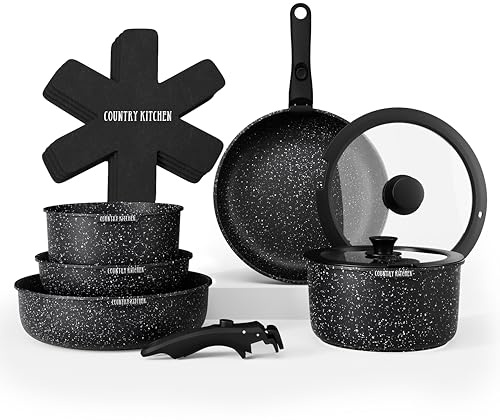 Country Kitchen 13 Piece Pots and Pans Set - Nonstick Cookware Set Detachable Handle, Non Stick Kitchen Cookware Sets Removable Handle, RV Cookware Set, Dishwasher/Oven Safe (Black) (YFAC13RH BLK)