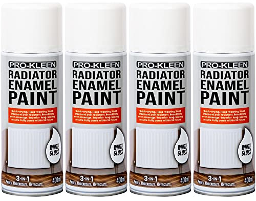 Pro-Kleen Radiator Enamel Spray Paint White Gloss 4 x 400ml - Heat Resistant up to 100ºC - For Radiators, Hot Pipes, Water Tanks & More - Fast Drying & No Primer Needed