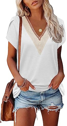 Famulily Ladies Summer V Neck Plain Lace Elegant Shirt, White Tops for Women UK Sexy, Comfy (L, White)