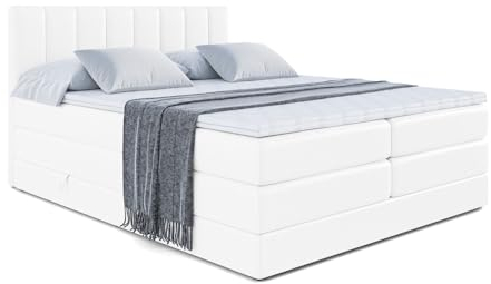 ALTDECOR Boxspringbett mit Matratze und Lattenrost, Topper, Polsterbett mit Bettkasten, Bett mit Stauraum H3- und H4- Matratze, Doppelbett, Springboxbett - OTTA King - 180x200 Weiß Kunstleder