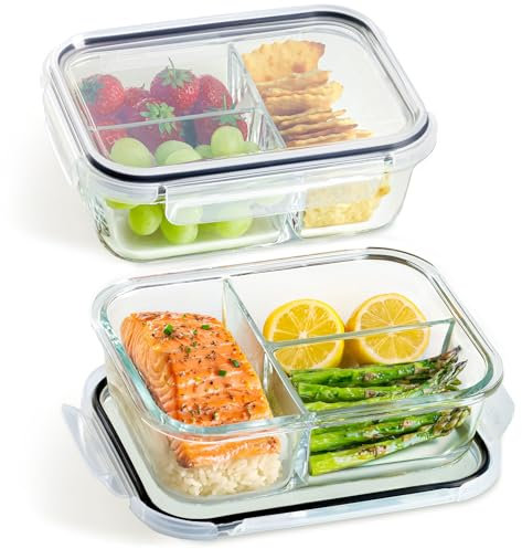 Praknu Meal Prep Boxen Glas 3 Fächer - Glasdosen 2er Set mit Deckel 1000ml - Luftdicht - BPA-Frei - Gefrierschrank & Mikrowellengeeignet