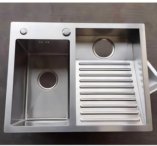 DSMRLEOP Lavabo de acero inoxidable SUS 304 con tabla de lavado integrada, fregadero de doble tazón fácil de limpiar para baño, cocina y balcón, duradero y versátil (plateado, derecho, 60
