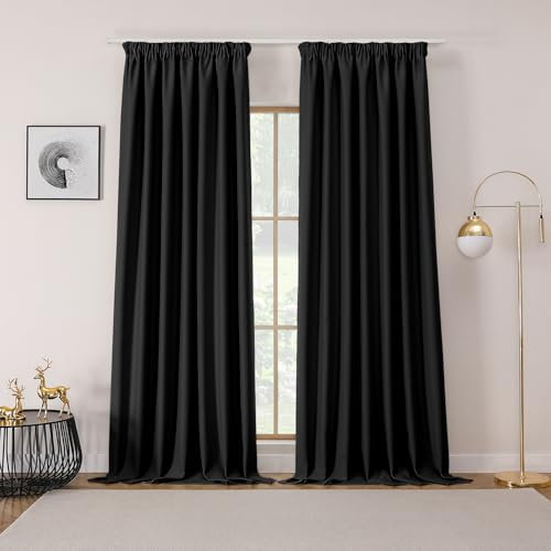 Joydeco Gardinen mit Kräuselband Vorhänge Blickdicht 2 Stück H 245 x B 132 cm Schienensystem Schwarz Verdunkelungsvorhang Thermovorhang Kälteschutz Schlafzimmer Blackout Curtains