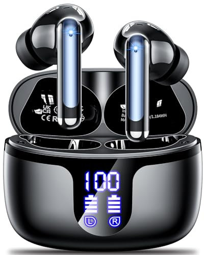 Auriculares Inalámbricos Bluetooth,2025 Cascos Inalámbricos Bluetooth 5.3 HiFi Estéreo con 4 HD Mic,48H con función de reducción de Ruido,IPX6 Impermeable,Pantalla LED Negro