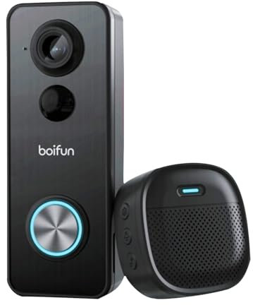 BOIFUN 2K Sonnette sans Fil avec Camera, Vision à 180°, Sonnette sans Fil Exterieur Etanche, Installation Facile, Détection IA Avancée, Vision Nocturne, Alerte en un Clic, WiFi 2,4 GHz Uniquement