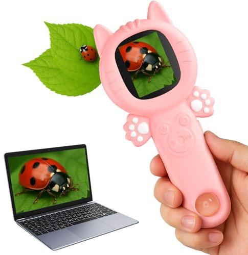 PHNIXGAM Microscopio para niños, Mini Bolsa de Mano para niños pequeños, Kit de Ciencia educativa, Juguete Digital, Regalos de cumpleaños de Navidad, Juguetes para niñas de 3 años (Gatto Rosa)
