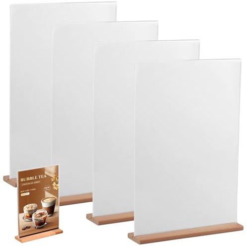 YunBey Soporte acrílico A4 con base de madera, ideal como soporte para folletos o menús para restaurantes, bares, oficinas y tiendas