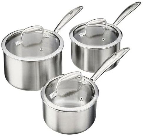 Cooks Professional 3 Piece Tri-Ply Saucepan Set with Tempered Glass Lids | 14, 16 & 18cm Aluminum & Stainless-Steel Cooking Pans | Compatible with All Hobs Inc Induction & Oven Safe