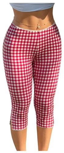 Milumia Women's Plaid Print Capri Leggings Low Waisted Split Hem Cropped Pants Red and White Medium