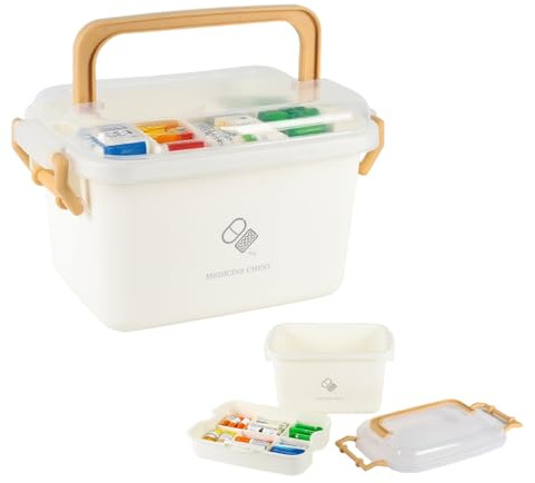 ZoeQide Botiquín de plástico con asa e inserción, caja de primeros auxilios con tapa de clip, organizador de botiquín casero para medicamentos, ungüentos y tiritas, 28 x 21 x 18 cm, apilable y libre