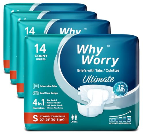 WhyWorry Ultimate vuxenblöjor för män och kvinnor, engångsblöjor för inkontinens med ultimat absorptionsförmåga, inkontinens för övernattningsskydd, unisex, luktkontroll, liten, 56 st