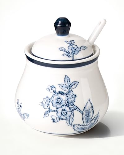 Magclay Ceramic Sugar Bowl with Lid and Spoon, 11Oz Sugar Container for Coffee Bar, Blue and White Sugar Jar/Dispenser, Flowers and Branches