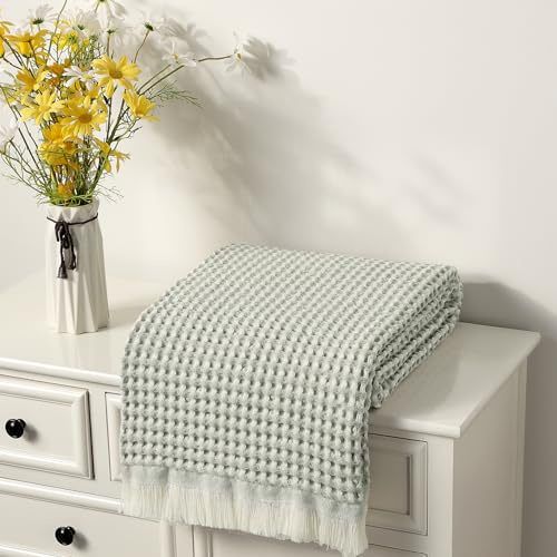 CREVENT Farmhouse Boho stickad filt för soffa, fåtölj, säng, vardagsrumsdekoration, mjuk, varm, gosig, lätt, för vår, sommar, höst (127 cm x 152 cm, våffelgrön)