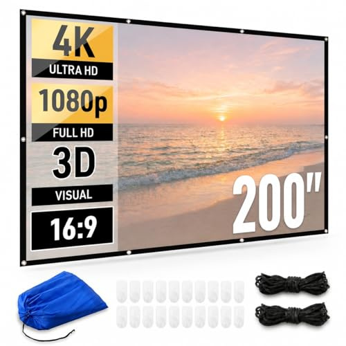 Japard Schermo proiettore da 200 pollici per interni ed esterni, 4K Full HD 3D 16:9, proiezione su entrambi i lati, pieghevole, portatile, montaggio a parete, sospensione, extra grande, per film in
