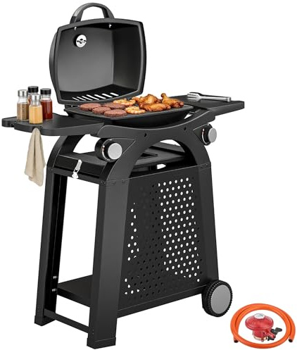 Barbecue à gaz Outsunny à 2 brûleurs avec 2 tables d'appoint amovibles, barbecue en acier de 3,8 kW avec grilles en fonte, barbecue de table portable 2 en 1 avec roulettes, thermomètre, bac à