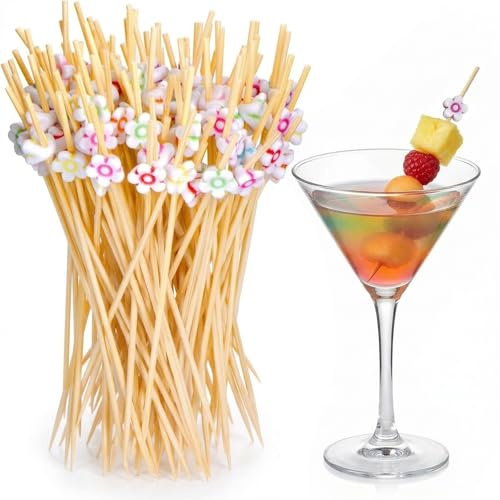 JYXNU 100 Brochetas de Bambú con Flores de Colores para Aperitivos y Cócteles - Palillos Decorativos para Frutas y Tapas, Ideales para Fiestas, Eventos y Catering, Ecológicos y Resistentes
