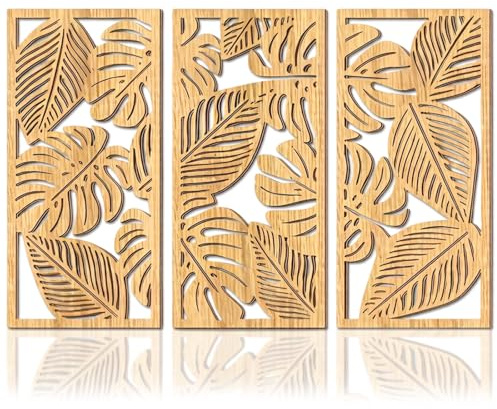 YunBey Set de 3 adornos murales madera, hojas de monstera tropical | Escultura decorativa de pared tamaño 40×20 cm, estilo tropical para el hogar