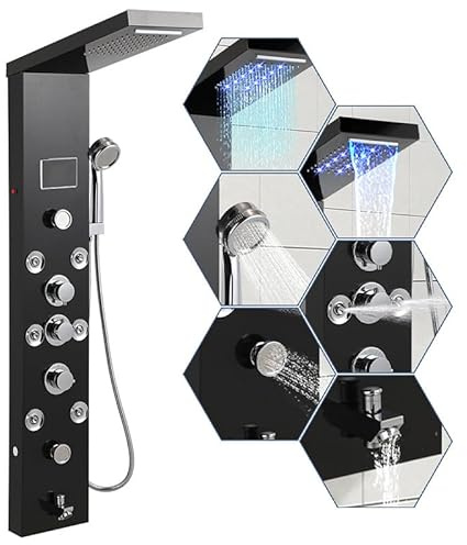 Joparri Pannello doccia a LED con rubinetto, colonna doccia 6 in 1 in acciaio inox 304, con 5 funzioni doccia (doccia a pioggia, doccia a cascata, doccia massaggiante, doccetta a mano) nero