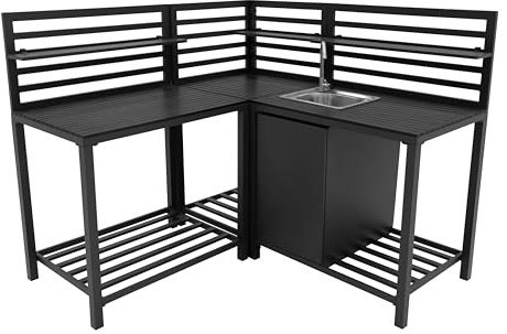 Cucina da Esterno 3 Pezzi Configurazione Modulare con Lavello Angolare e Tavolo Set in Alluminio Grigio Antracite Lavello in Acciaio con Rubinetto a Freddo Ripiani e Armadietti per Esterno