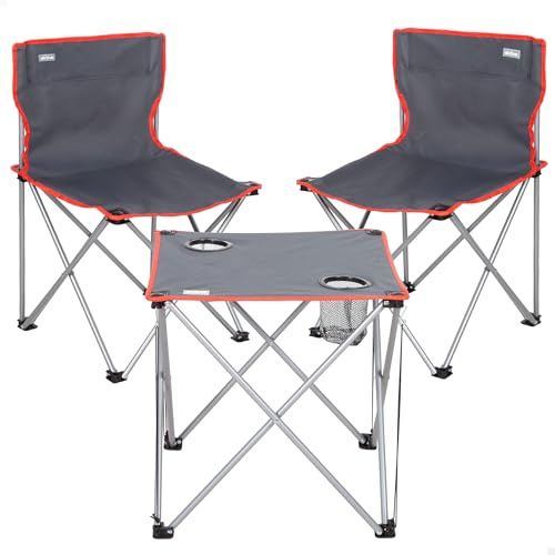 AKTIVE Set Camping Plegable, Mesa 46x46x46 cm, 2 sillas de 43x43x71 cm, Gris, Estructura Acero, Topes antivuelco, Peso soportado 110 kg, Posavasos Integrados, Bolsa de Transporte (63182)