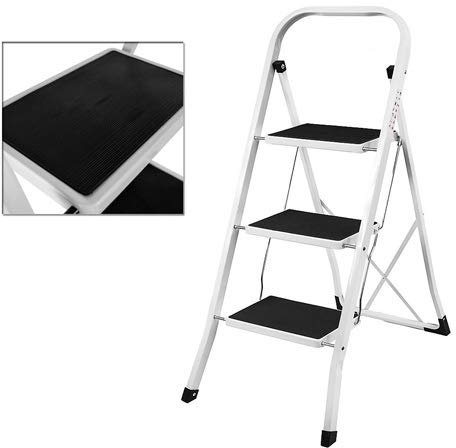Escalera plegable portátil, 3 peldaños, escalera compacta con barra de seguridad para la mano, capacidad de carga de 150 kg, ideal para el hogar/cocina/garaje