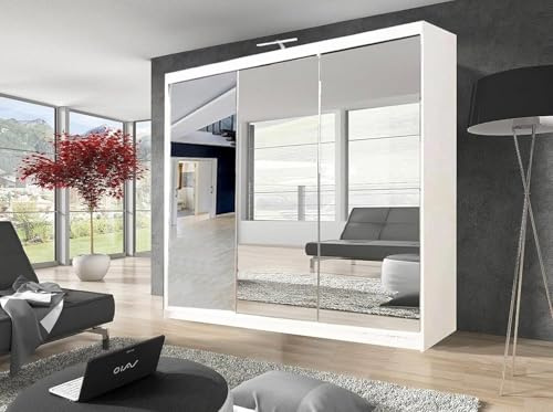 Modern Double Full Mirror sliding door wardrobe with 1 LED Light Width 100cm/120cm/150cm/180cm/203cm/250cm(250cm, White)